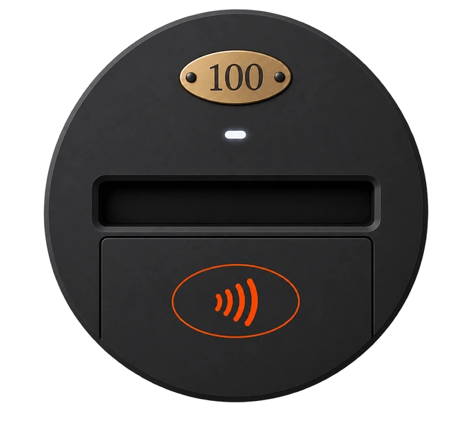 The House Key: a coaster-sized badge with a brass room number, a horizontal phone slot and a contactless pad.