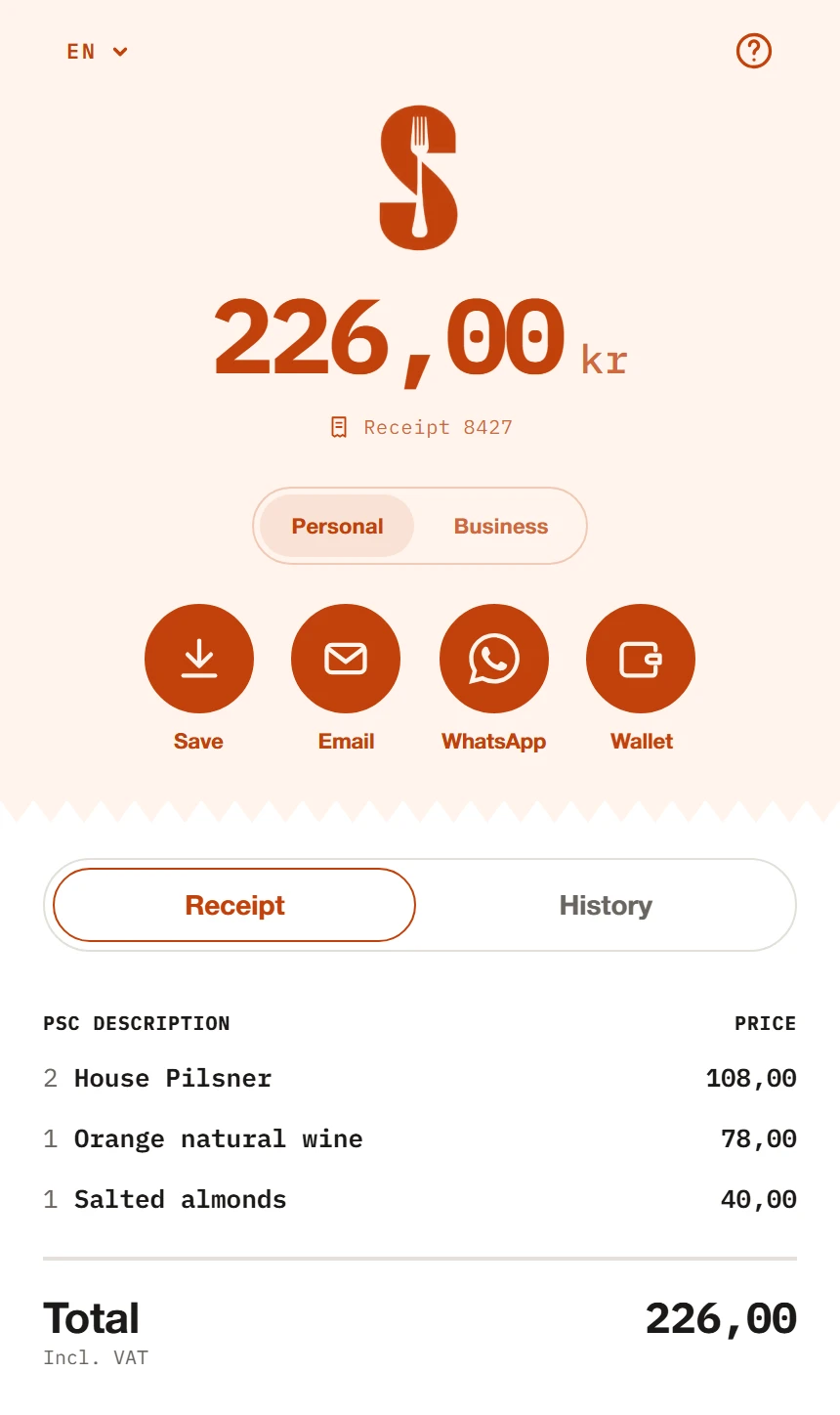 A digital receipt on a phone: the total, the Save, Email, WhatsApp and Wallet buttons, and the line items
