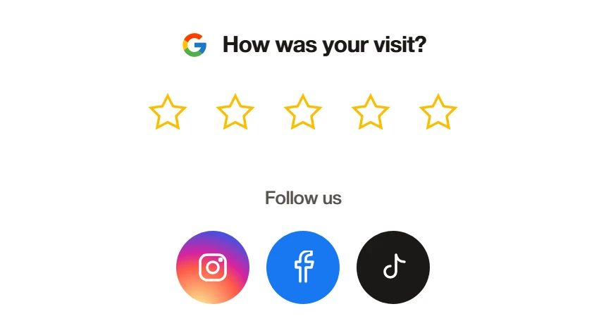 A Google review prompt with five stars, and Instagram, Facebook and TikTok buttons